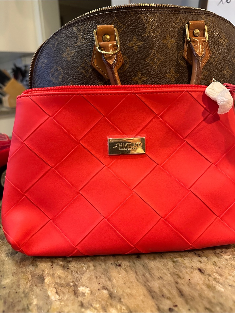 Shiseido Quilted Faux Leather Red Cosmetic Bag